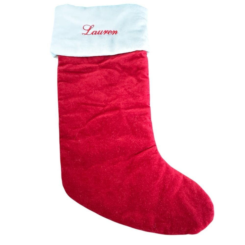 Pottery Barn Red Velvet Large Holiday Christmas Stocking Monogrammed Lauren